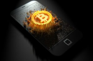 Bitcoin logo popping out of a smart phone